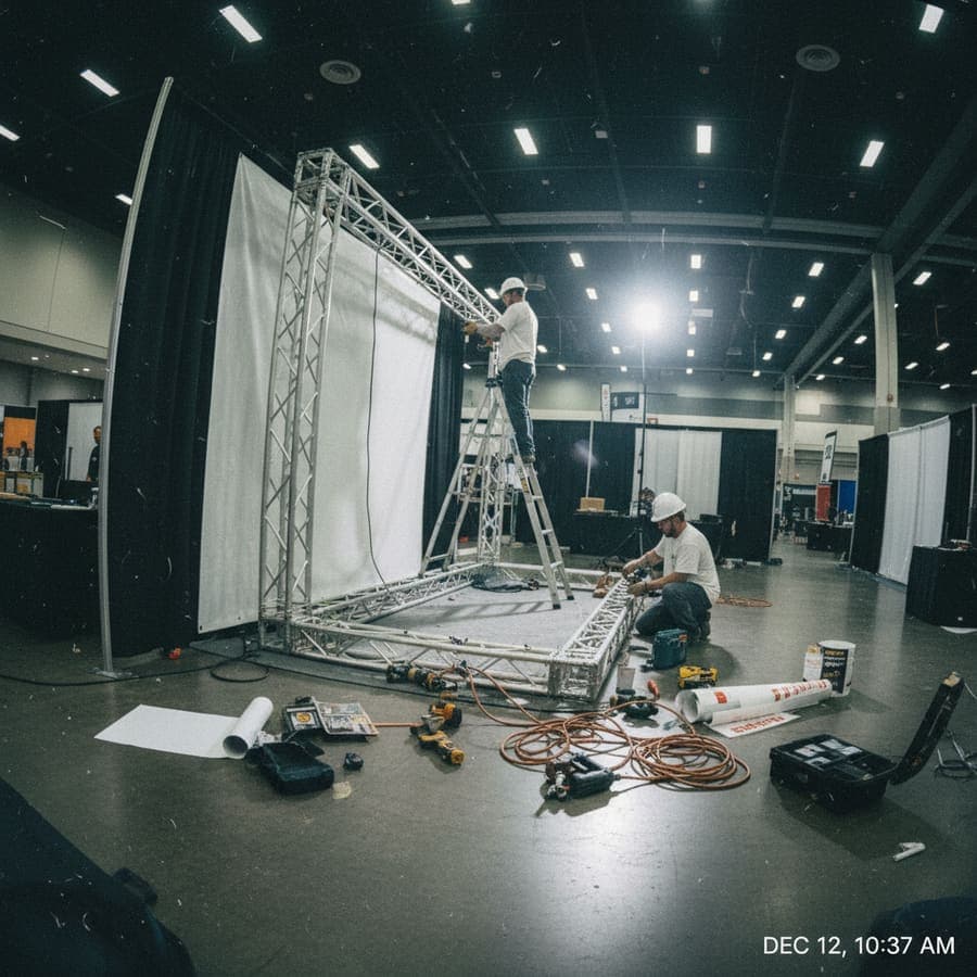 Vetted event setup crew assembling staging for a trade show